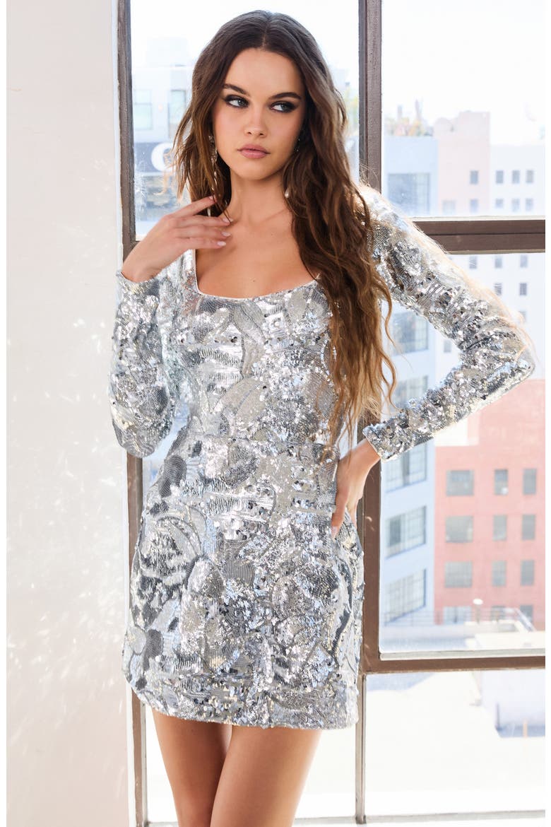 Lillian Sequin Long Sleeve Cocktail Minidress, Alternate, color, PLATINUM