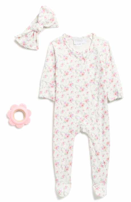 Toby Ditsy Watercolor Floral Footie, Headband & Teether Set