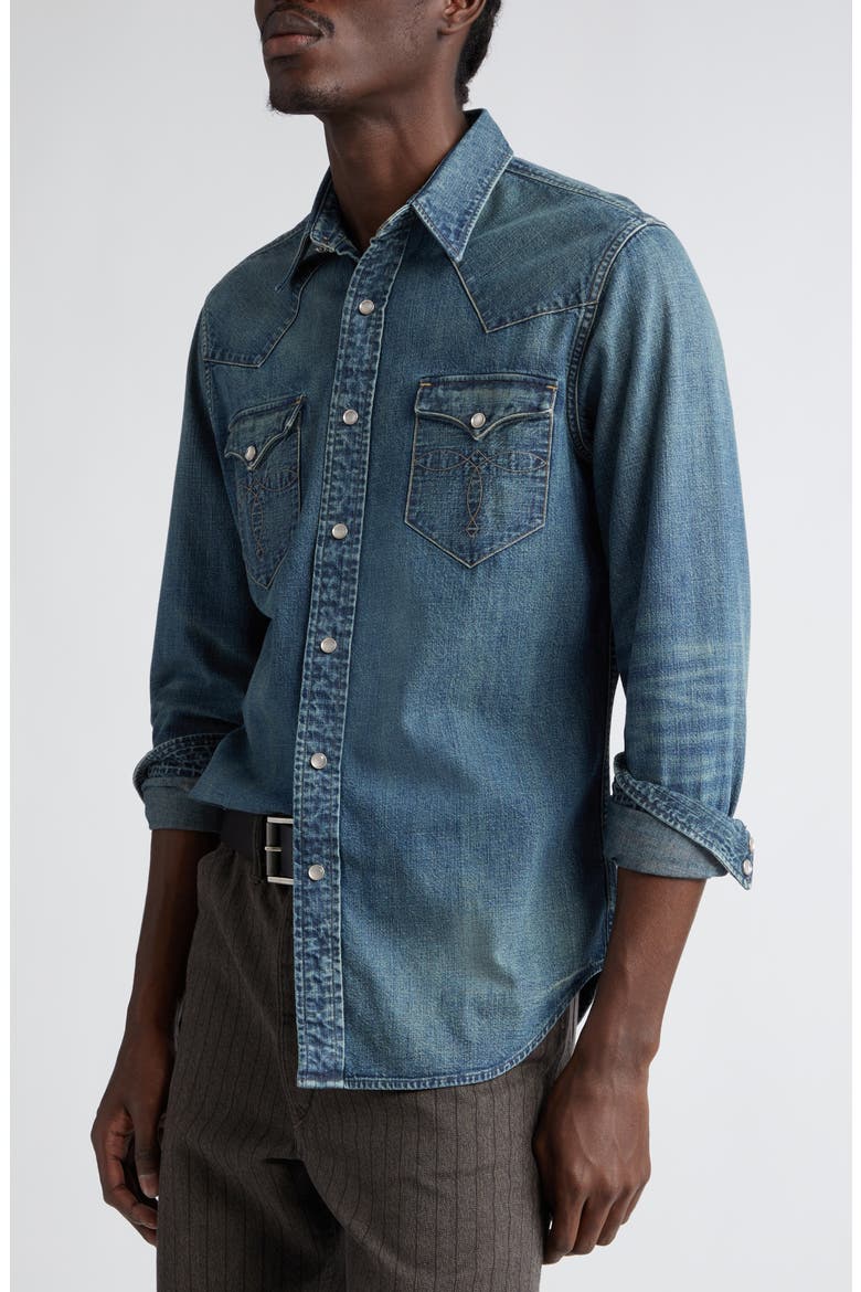 Buffalo West Slim Fit Denim Western Snap-Up Shirt, Alternate, color, DARK WASH