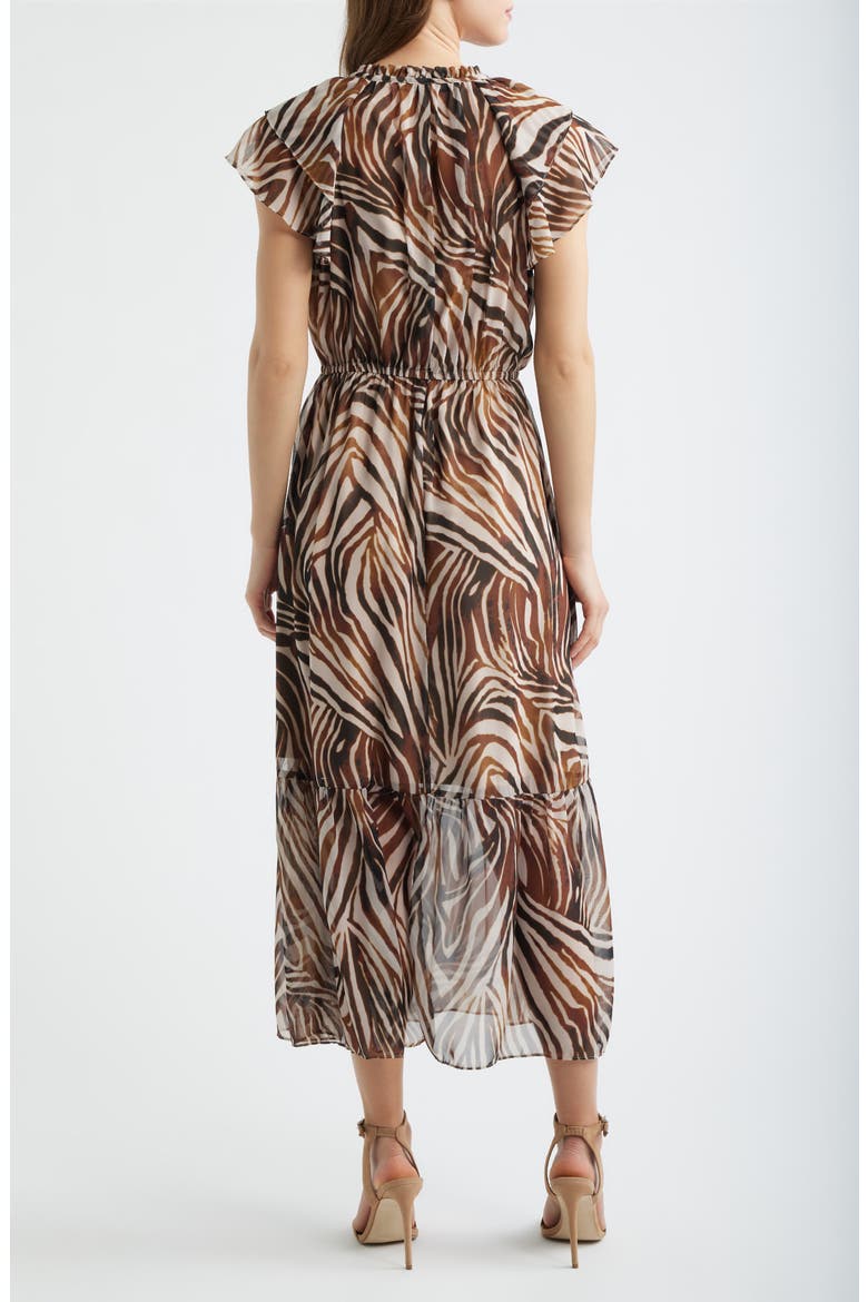Flutter Sleeve Midi Dress, Alternate, color, BROWN MULTI