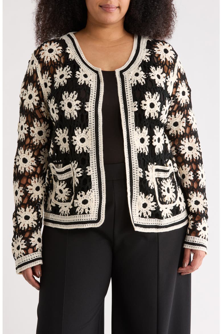 Floral Open Knit Cardigan, Main, color, BLACK/ NATURAL
