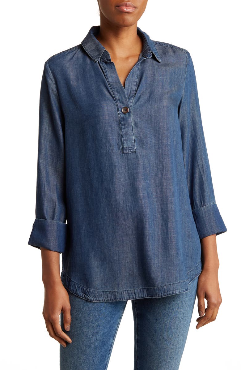 ELIE ELIE TAHARI Tencel<sup>®</sup> Lyocell Split Collar Three Quarter Sleeve Tunic Blouse, Main, color, 
