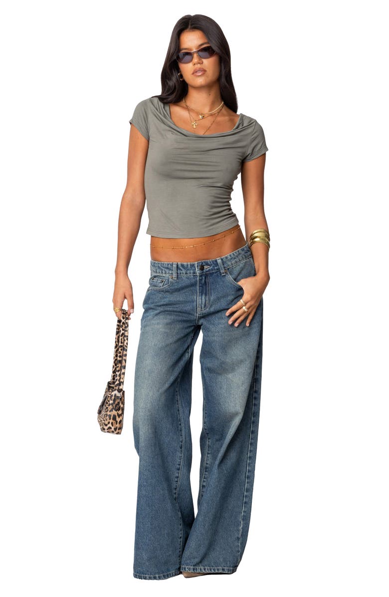 EDIKTED Vyxen Bow Print Low Rise Wide Leg Jeans, Alternate, color, Blue-Vintage-Washed