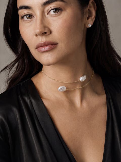 14K Gold White Baroque Freshwater Pearl Beaded Bangle Mira Necklace