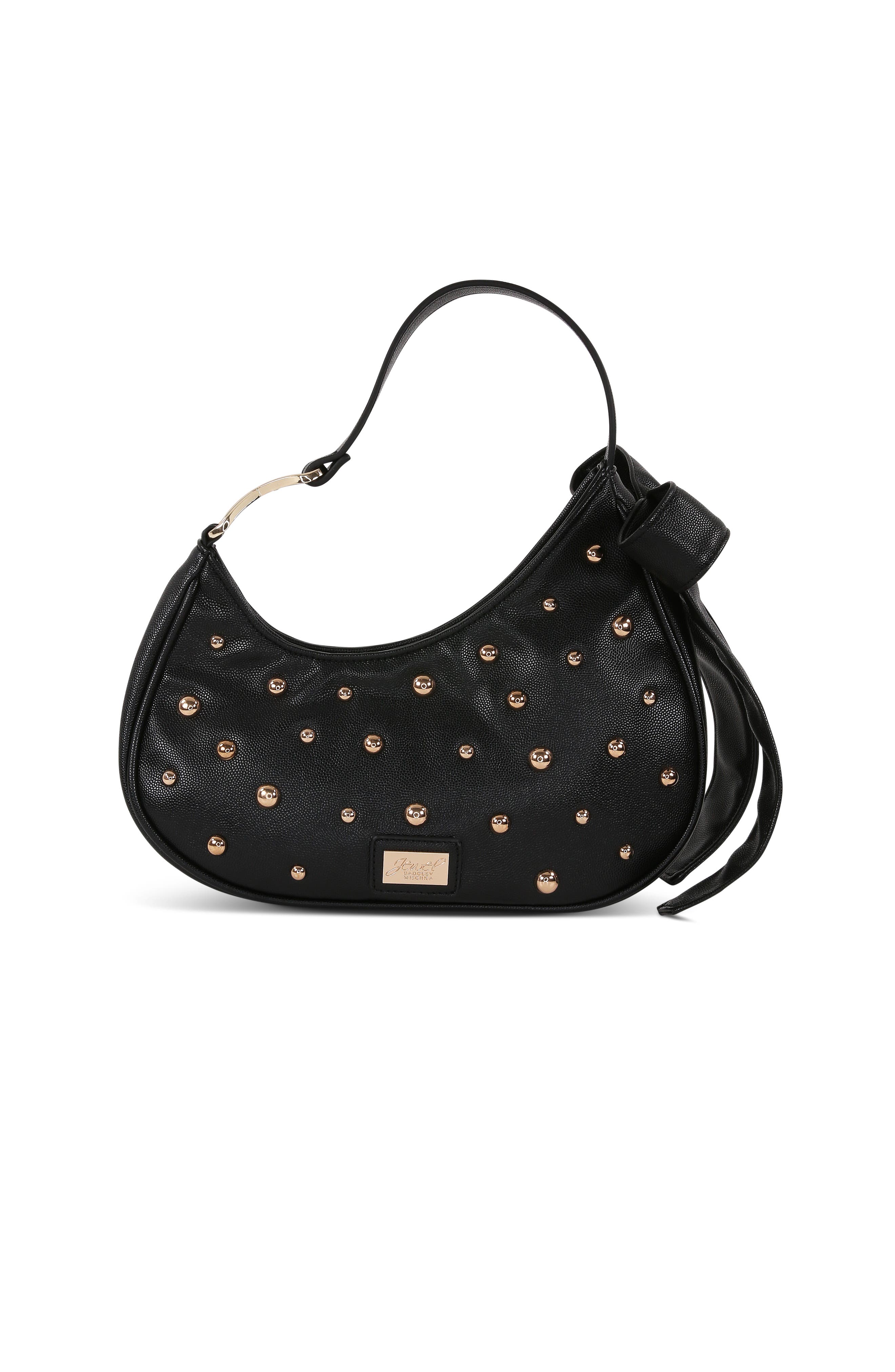 Jewel Badgley Mischka Arabella Studded and Bow Shoulder Clutch, Alternate, color, Black