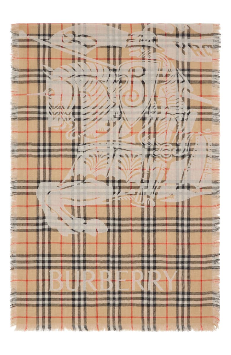 Burberry Equestrian Knight Design Check Wool Scarf, Alternate, color, Sand