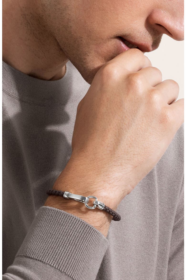 Men's Hook Clasp Bracelet, Leather, 5mm, Alternate, color, SILVER BROWN