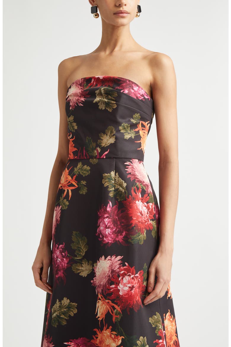 Chrysanthemum Print Strapless Faille Gown, Alternate, color, BLACK MULTI