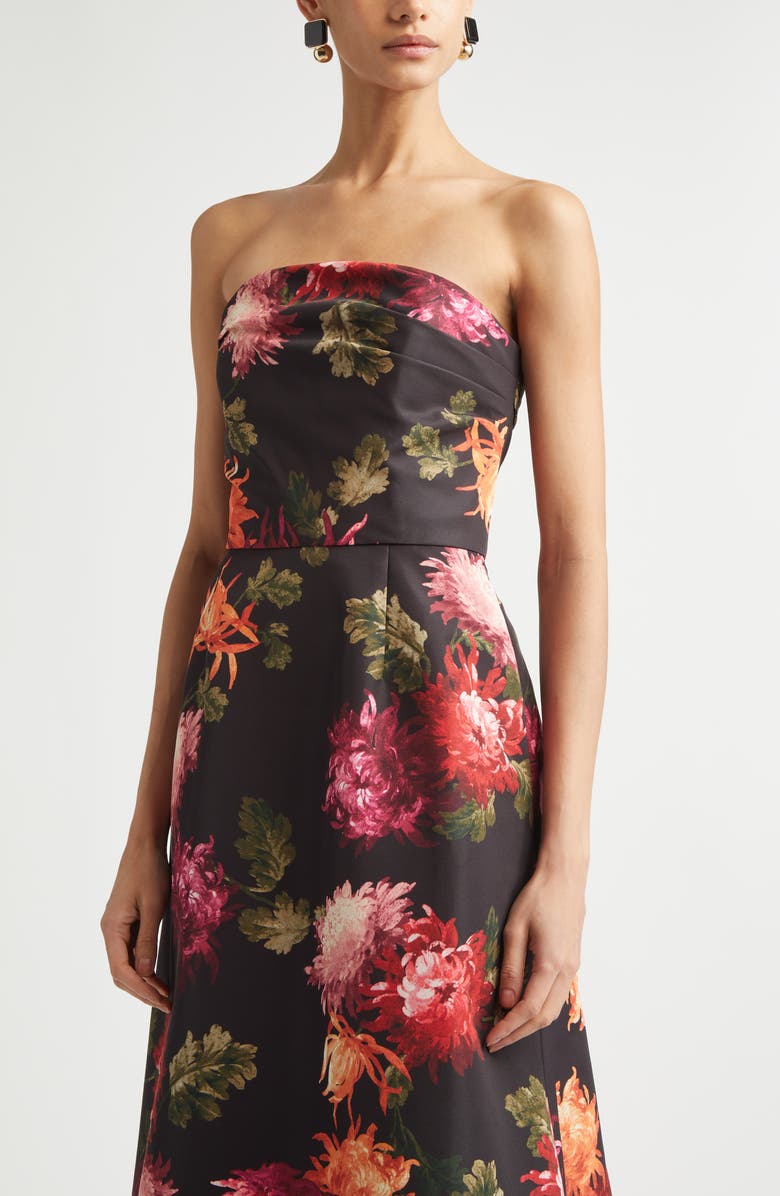 Carolina Herrera Chrysanthemum Print Strapless Faille Gown, Alternate, color, Black Multi