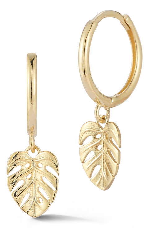 14K Leaf Huggie Hoop Earrings