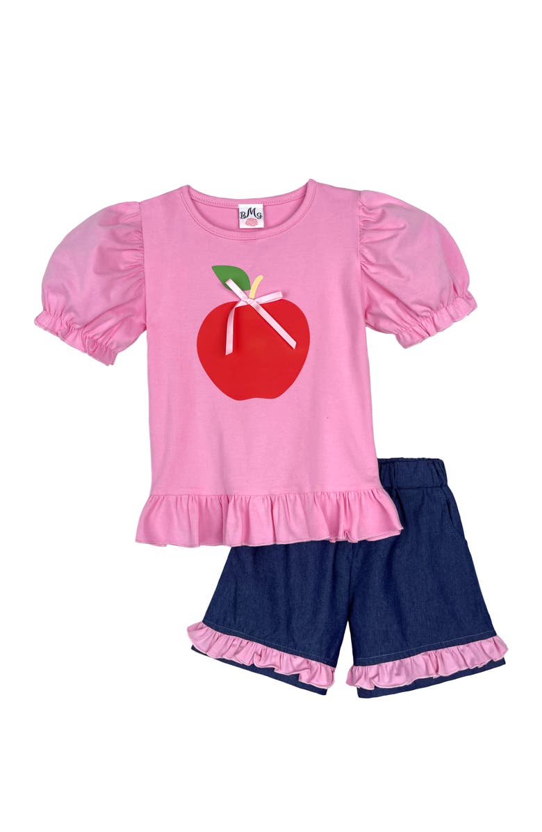 Mia Belle Girls Girls Cutest in Class Apple Top & Ruffle Denim Short Set, Main, color, Pink