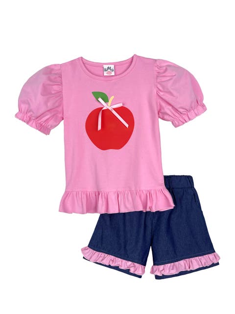 Girls  Cutest in Class Apple Top & Ruffle Denim Short Set (Toddler, Little Kid & Big Kid)