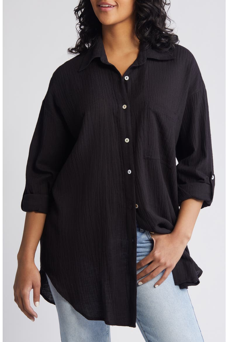 Premium Linen Button-Up Blouse, Main, color, BLACK