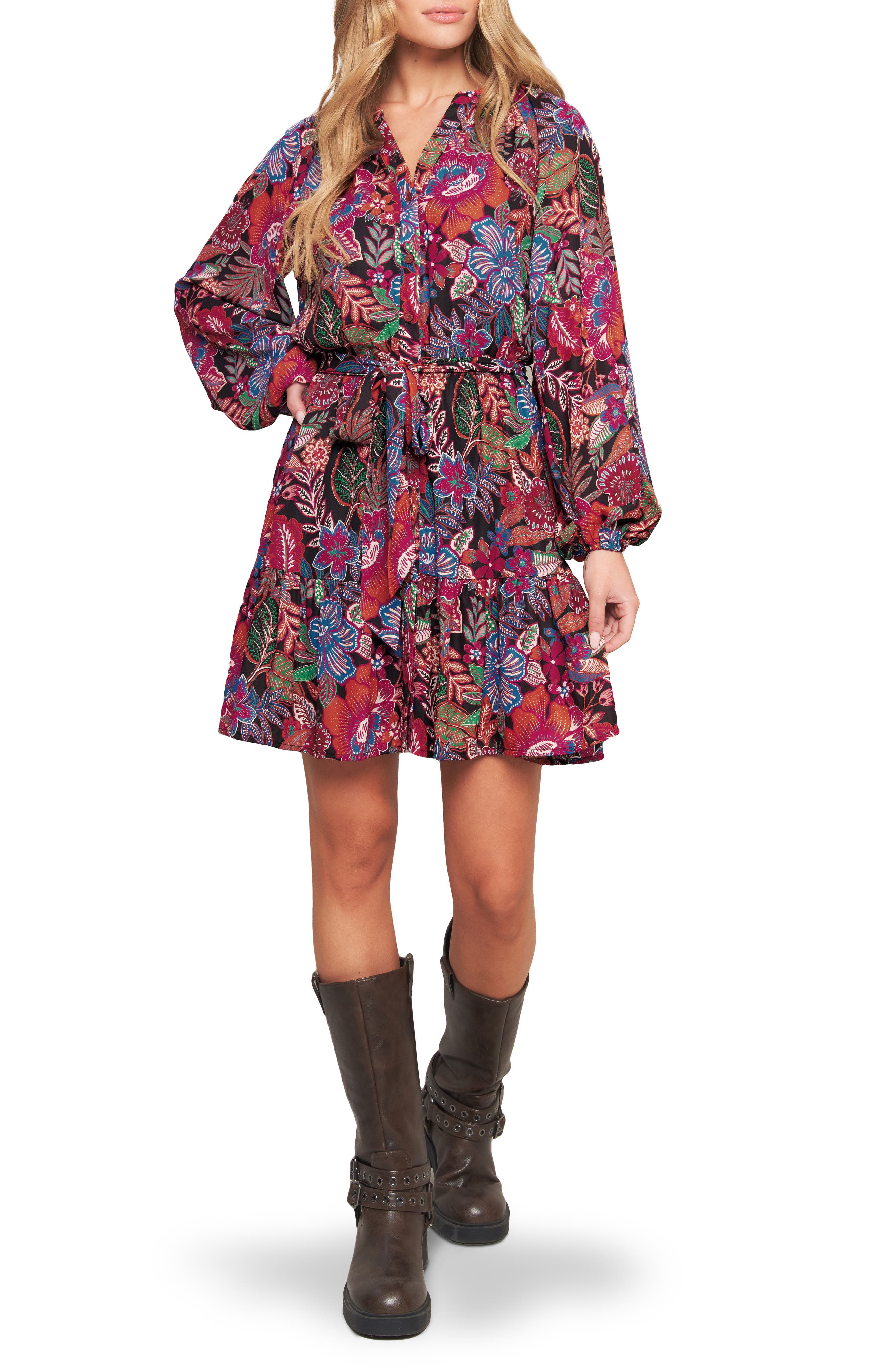 FLYING TOMATO Print Long Sleeve Mini Shirtdress