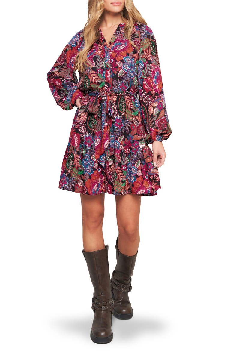 Print Long Sleeve Mini Shirtdress, Main, color, PINK MULTI/ BLACK