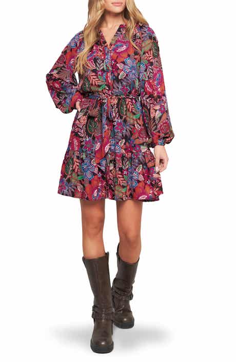 FLYING TOMATO Print Long Sleeve Mini Shirtdress