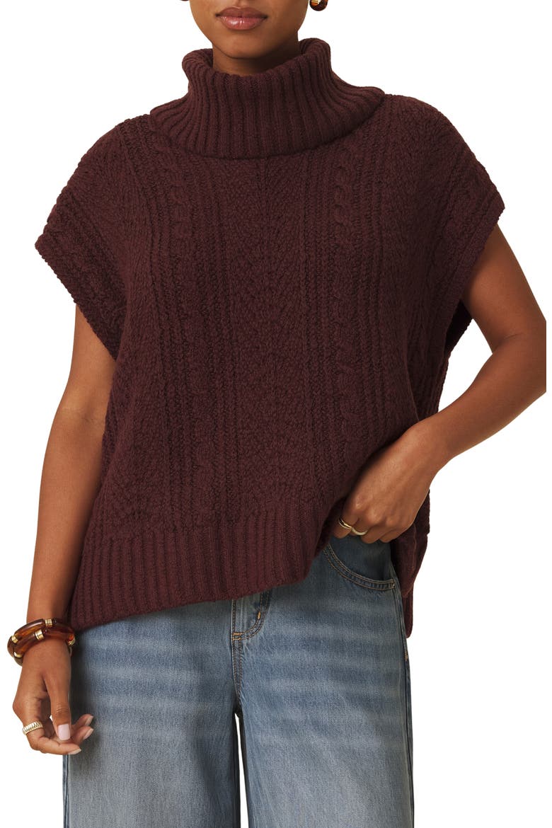 Rosalina Cable Stitch Short Sleeve Turtleneck Sweater, Main, color, MERLOT RED