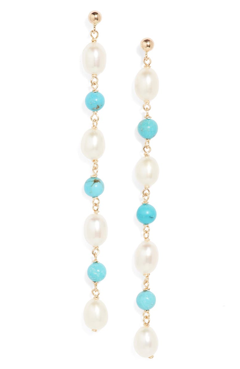 Poppy Finch Baroque Pearl & Turquoise Drop Earrings, Main, color, 14Kyg