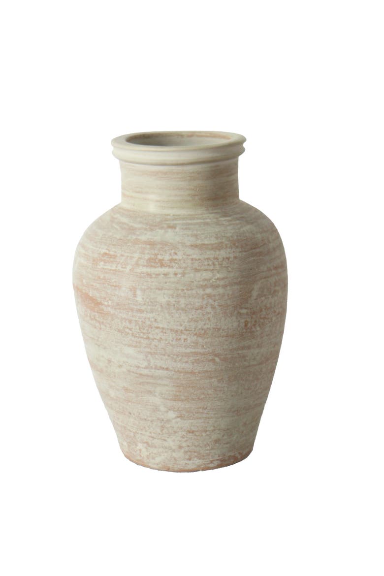 12.4" Hand Painted Terracotta Vase, Main, color, Crème