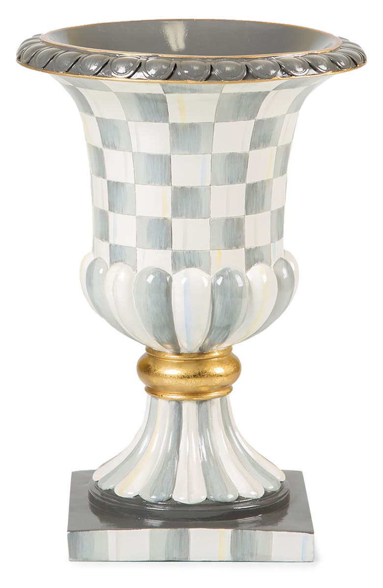 MACKENZIE CHILDS Sterling Check Pedestal Tabletop Urn, Main, color, Grey/ White