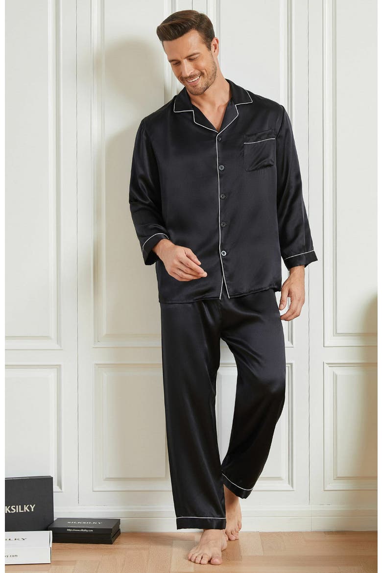 Silk Men's Lapel Long Sleeve Pajamas Set, Alternate, color, Black