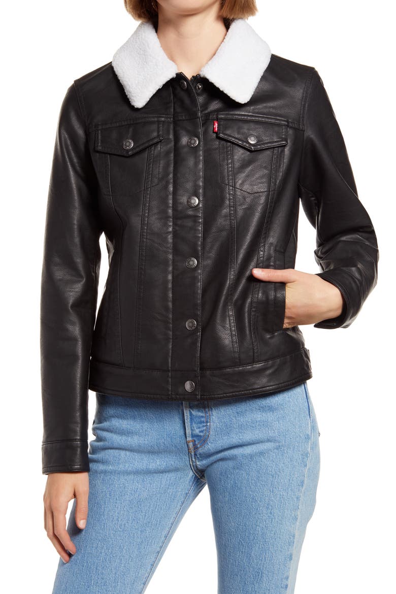 Levi's® Faux Leather Trucker Jacket with Faux Shearling Collar, Alternate, color, BLACK