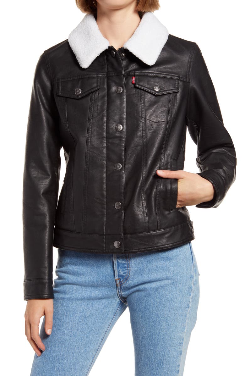Levi's<sup>®</sup> Faux Leather Trucker Jacket with Faux Shearling Collar, Alternate, color,