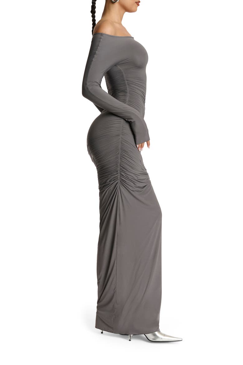 Ruched Off the Shoulder Long Sleeve Maxi Dress, Alternate, color, CHARCOAL