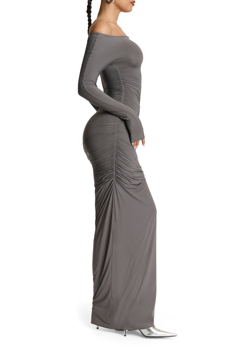 Naked Wardrobe Ruched Off the Shoulder Long Sleeve Maxi Dress, Alternate, color, Charcoal