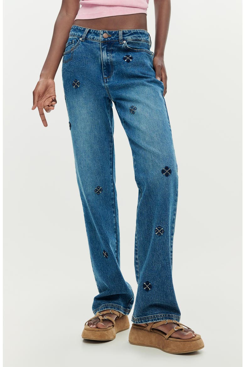 Embellished Slim Straight Leg Jeans, Main, color, DARK BLUE