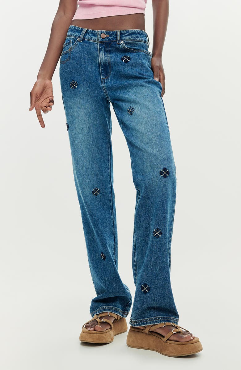 Desigual Embellished Slim Straight Leg Jeans, Main, color, Dark Blue