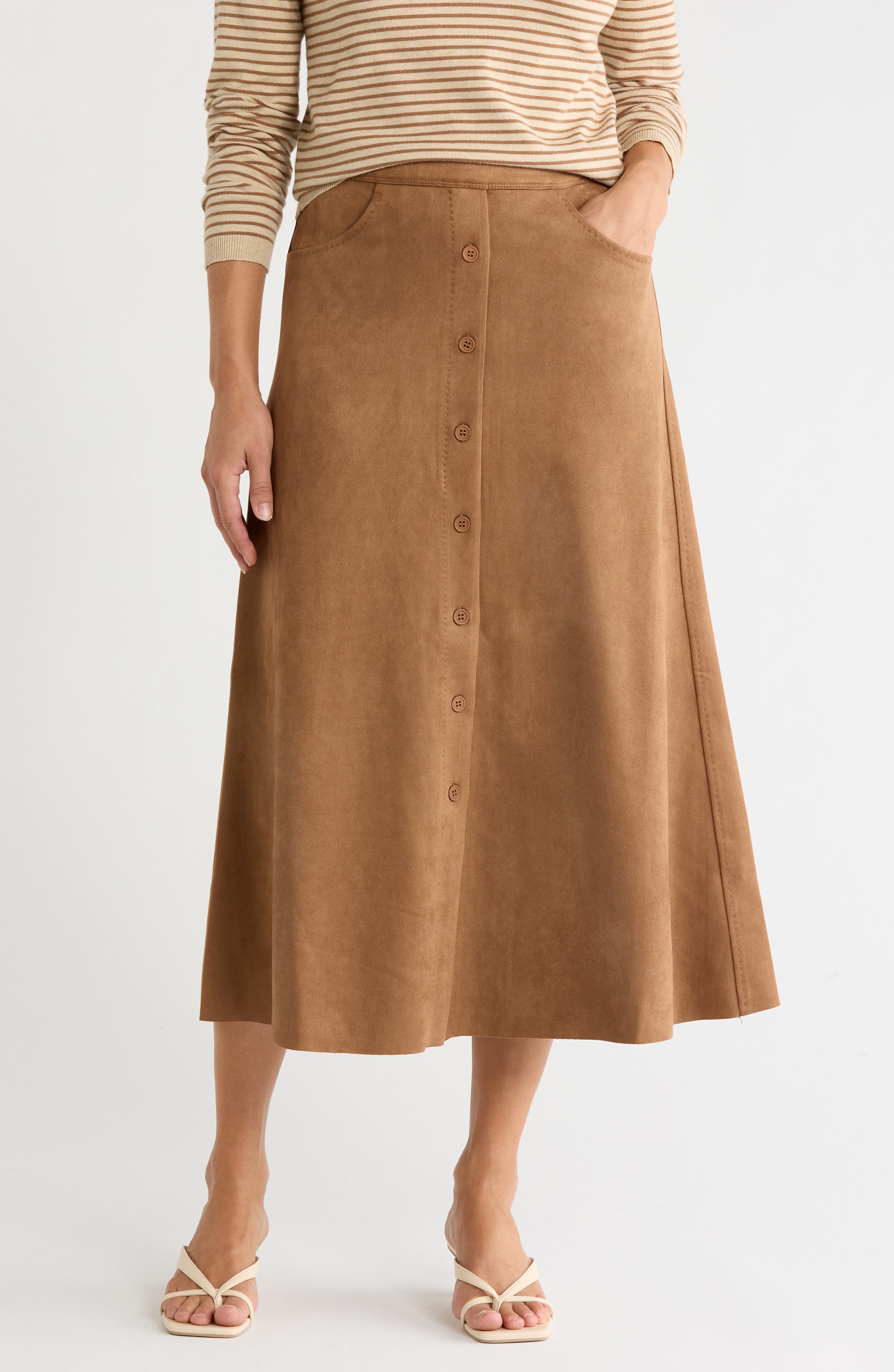 Button Front Faux Suede Maxi Skirt