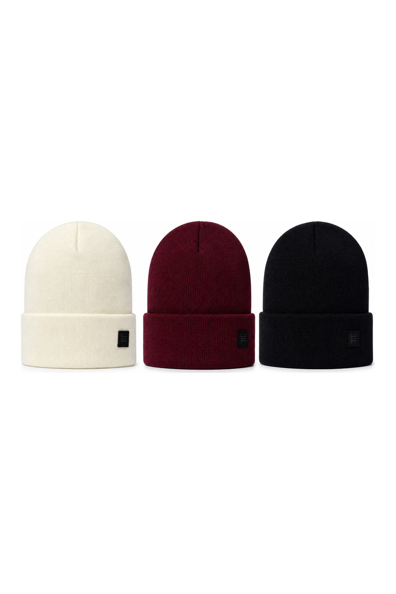Women's 3-Pack Rib Cuff Knit Beanie Set, Main, color, Ivory/Black/Burgundy