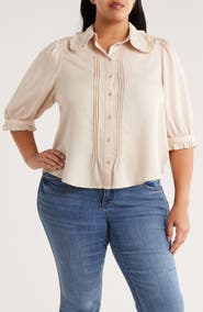 Democracy Three-Quarter Sleeve Ruffle Button-Up Shirt