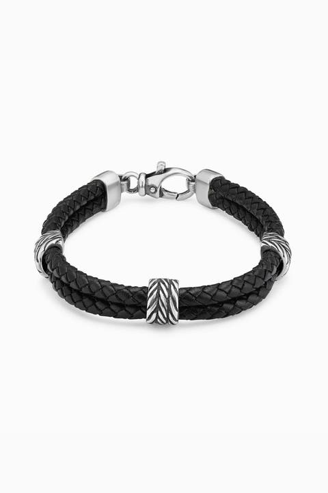 Mens Voyager Station Leather Bracelet in Sterling Silver