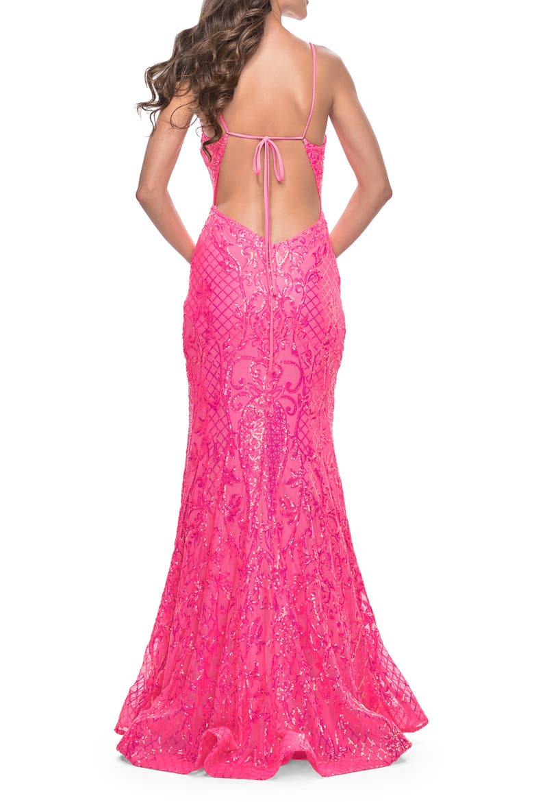Neon Mermaid Print Sequin Dress with Lace Up Open Back, Alternate, color, Neon Pink