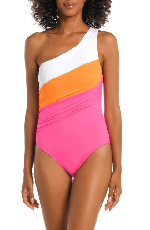 Island Goddess Ruched Colorblock One-Shoulder One-Piece Swimsuit