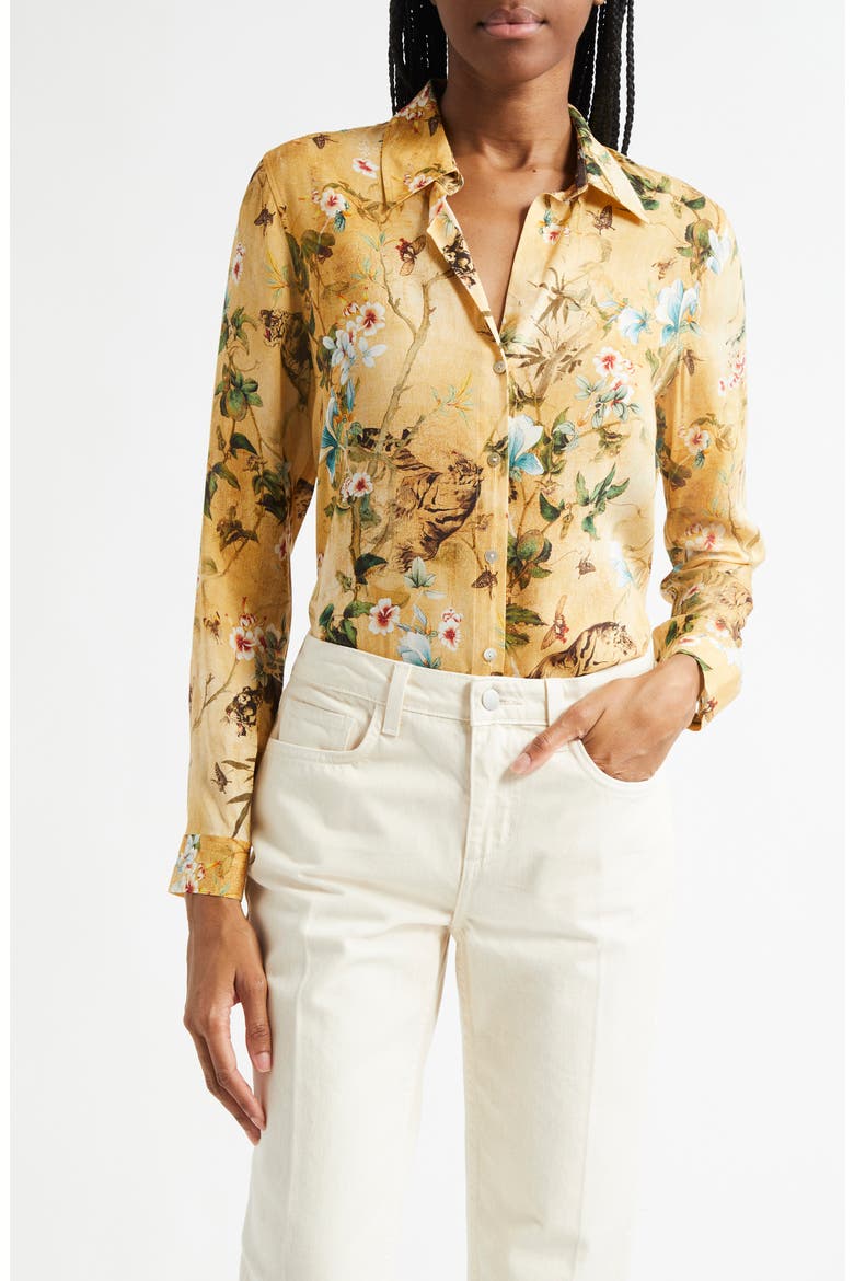Holly Floral Button-Up Shirt, Main, color, GOLD MULTI WATERCOLOR TIGER