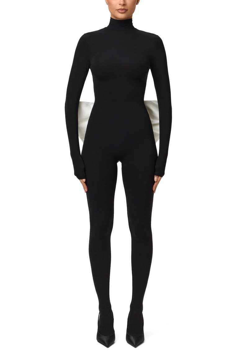 Bow Detail Long Sleeve Jumpsuit, Main, color, BLACK/ WHITE
