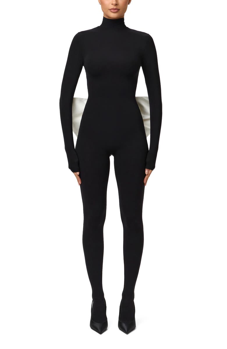 Naked Wardrobe Bow Detail Long Sleeve Jumpsuit, Main, color, Black/ White