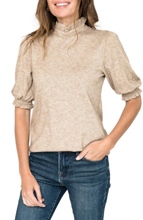 Ruffle Mock Neck Puff Sleeve Sweater
