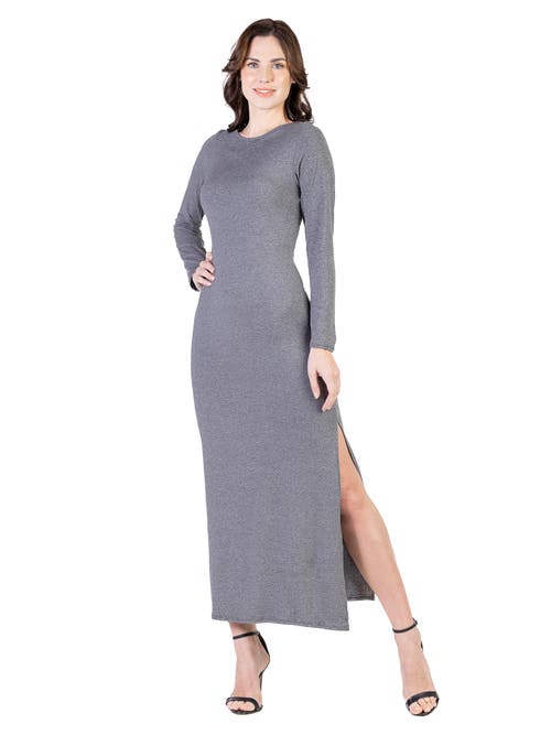 24seven Comfort Apparel Long Sleeve Side Slit Fitted Black Maxi Dress In Gray