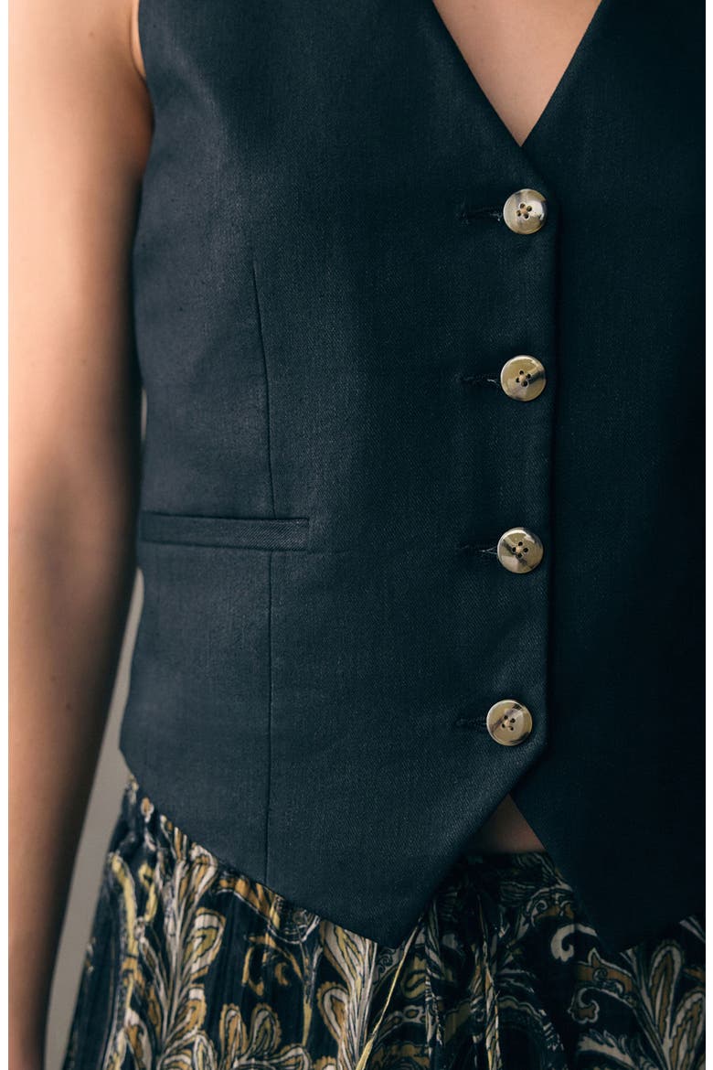 Button Through Linen Vest, Alternate, color, BLACK