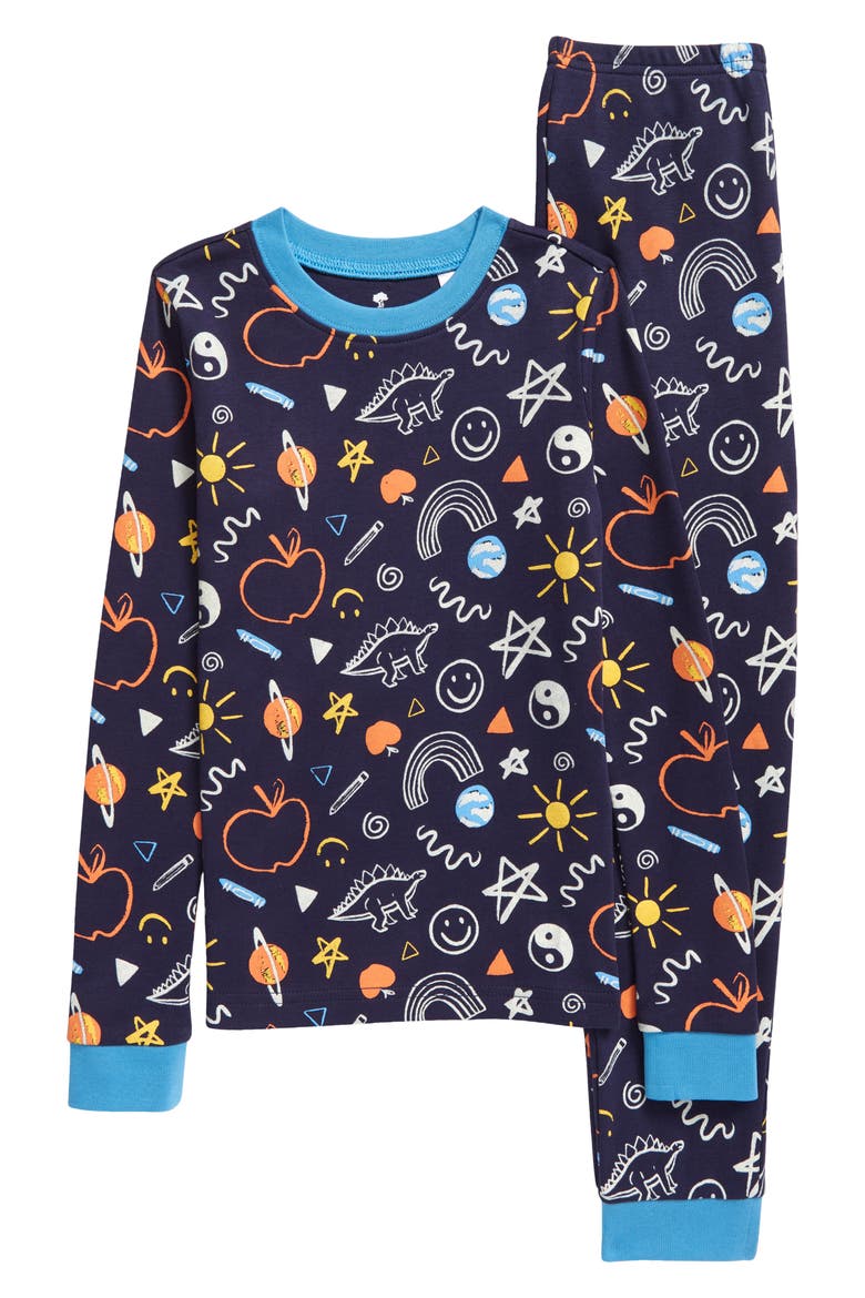 Kids' Glow In The Dark Fitted Two-Piece Pajamas, Main, color, NAVY PEACOAT HAPPINESS GLOW