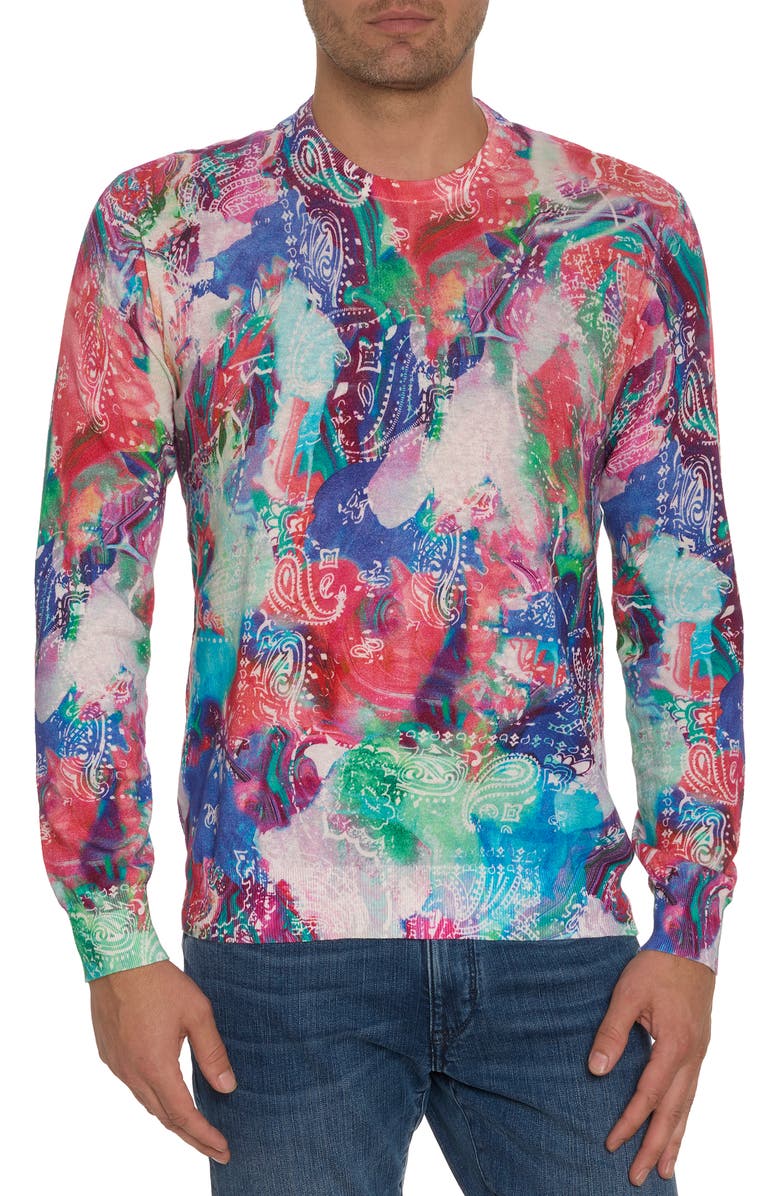 Robert Graham Night Gallery Print Cotton & Linen Crewneck Sweater, Main, color,