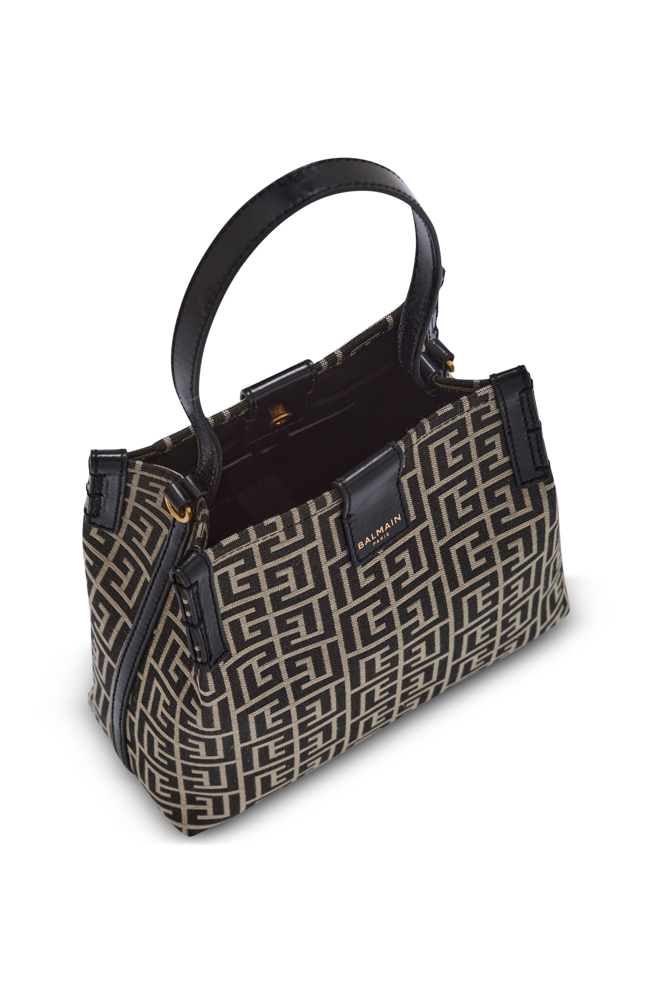 Balmain Release Bucket bag in jacquard and calfskin, Alternate, color, Black