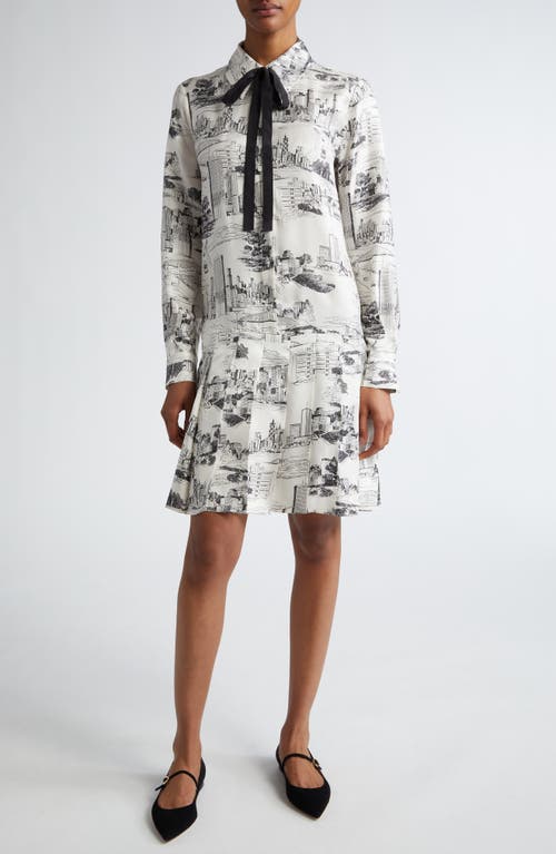 Max Mara Studio Bath City Print Long Sleeve Silk Shirtdress in White 