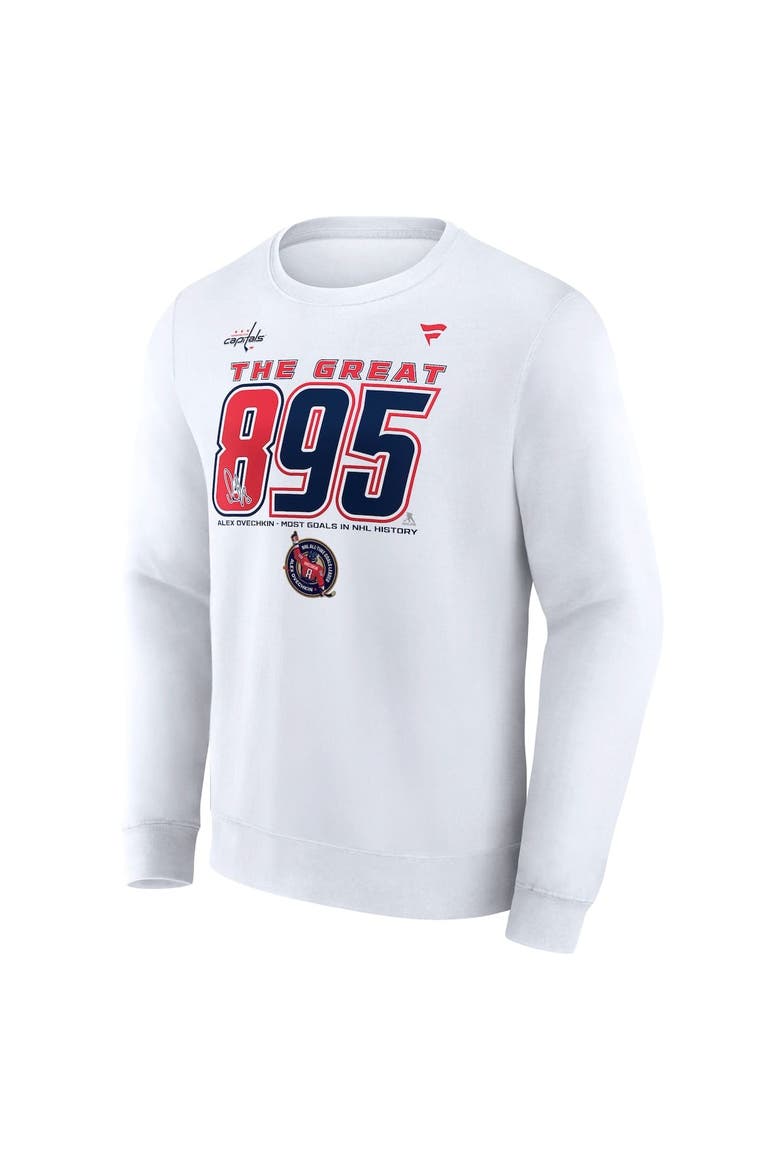 Men's Fanatics Alexander Ovechkin White Washington Capitals NHL All-Time Leading Goal Scorer The Great 895 Fleece Pullover Sweatshirt, Alternate, color, White