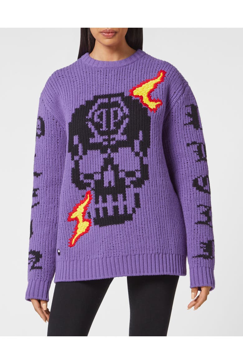 Pullover Round Neck Skull Women, Main, color, Purple