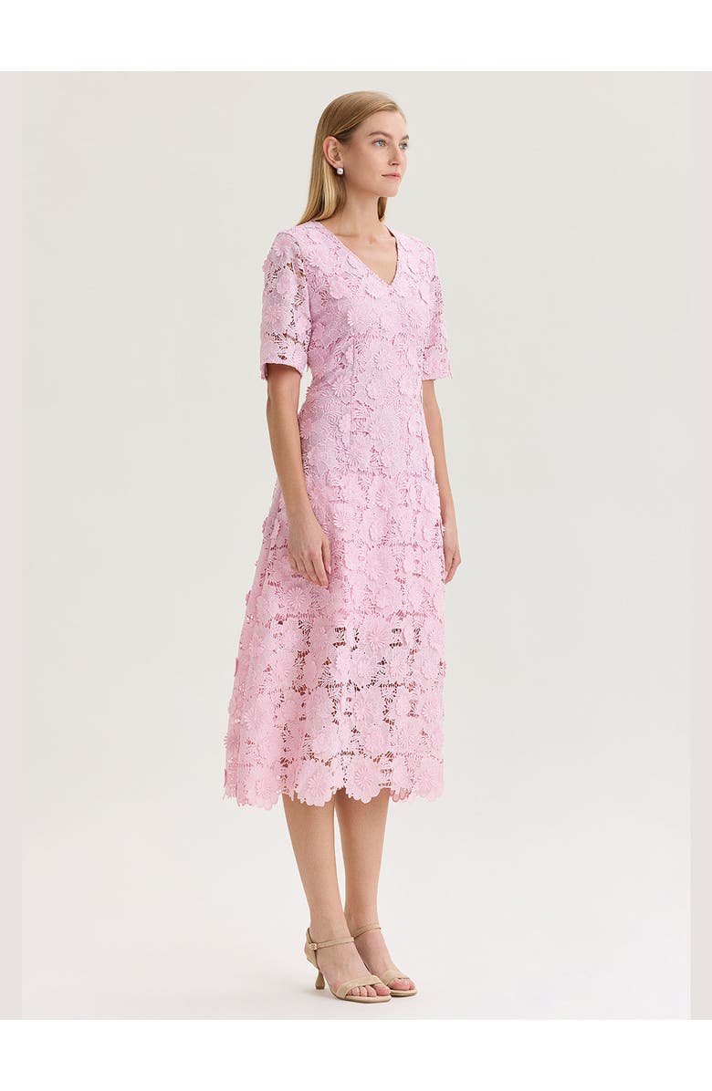 Misook Lined Floral Lace Applique Woven Midi Dress, Alternate, color, Pink